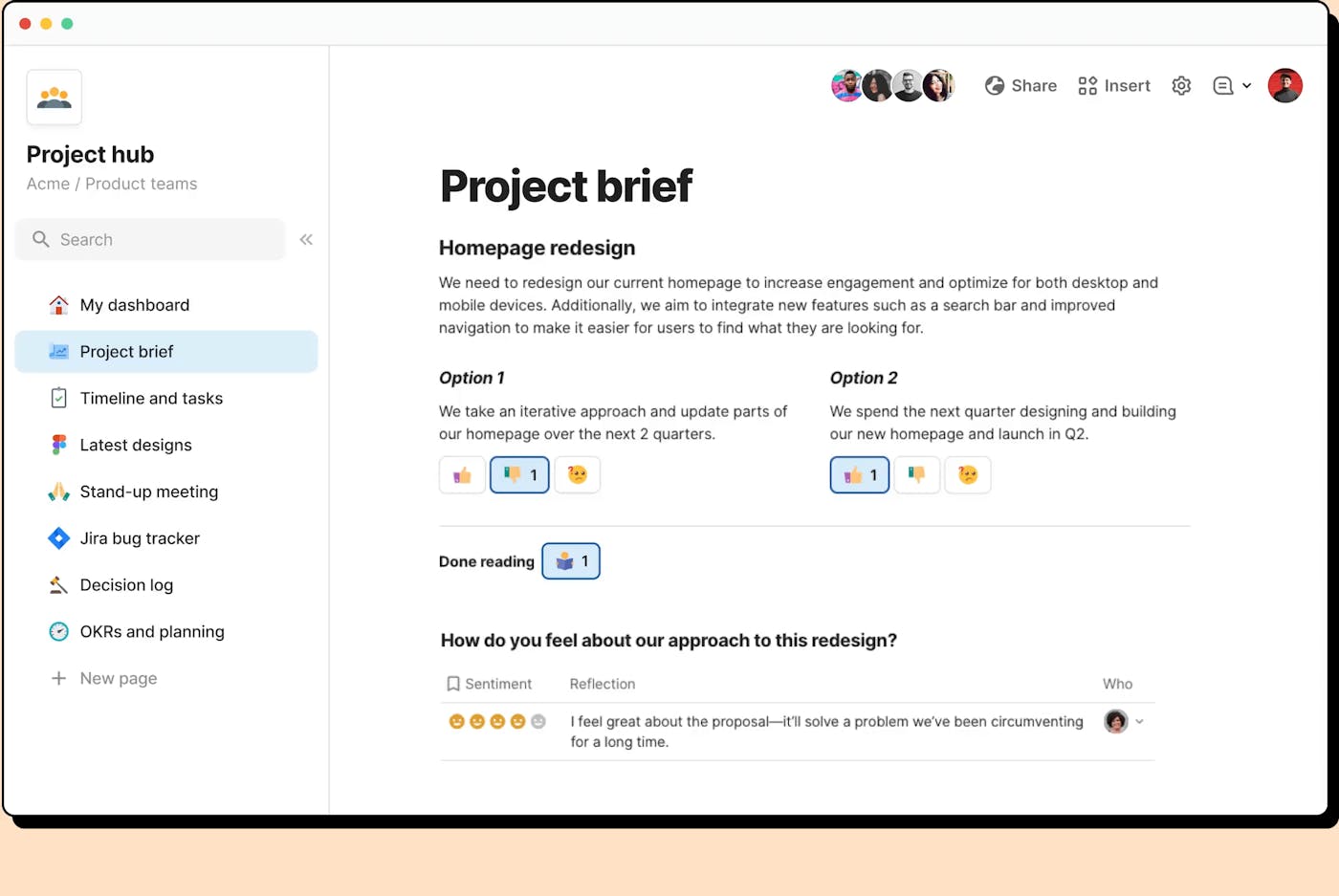 Coda project hub showing a project brief, reactions, a navigation sidebar and connected team tools