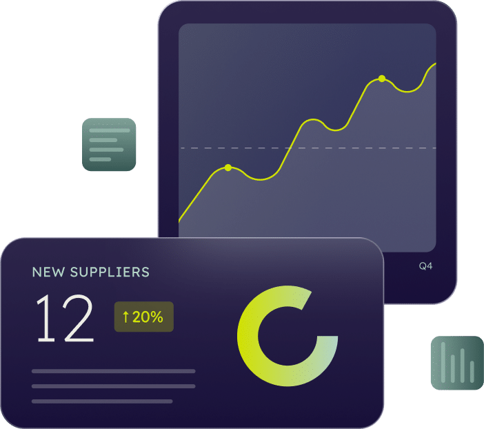 Codat promotional Spend Insights illustration showing supplier counts and a trend chart