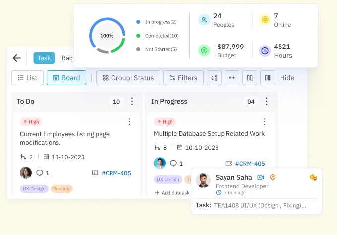 TeamTrace product illustration showing a Kanban board, project budget, logged hours and team counts
