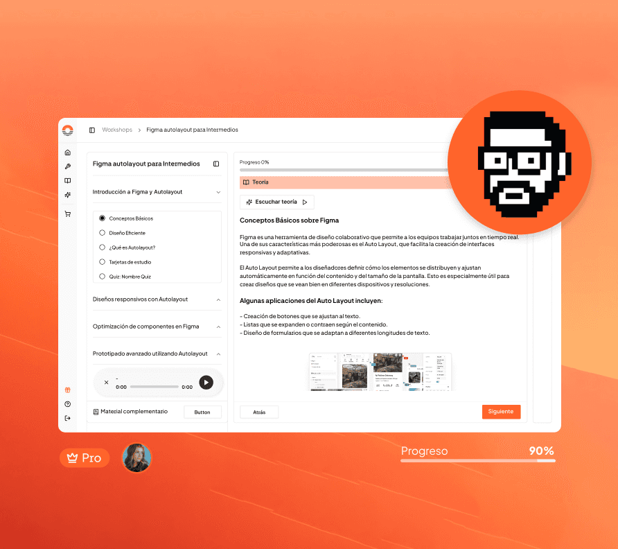 CoderPro learning interface showing a Figma autolayout course at 90 percent progress