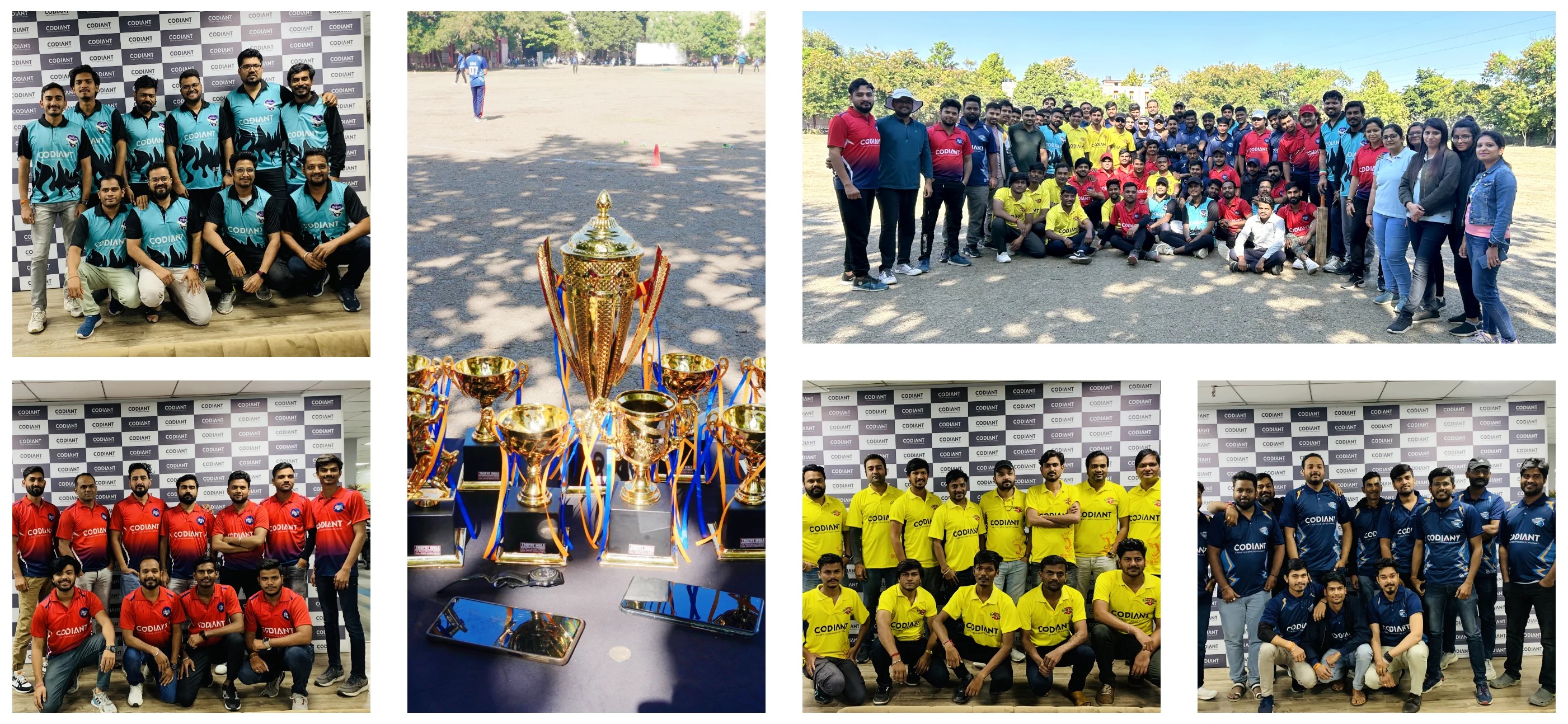 Company collage of Codiant’s 2023 cricket teams, trophies and group photograph