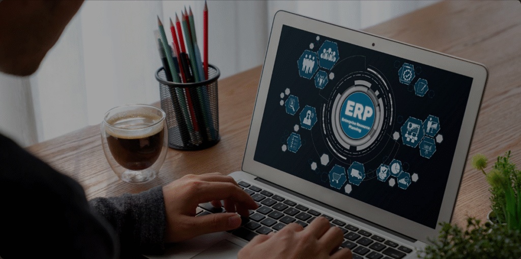 Illustrative photograph of a laptop showing an enterprise resource planning diagram