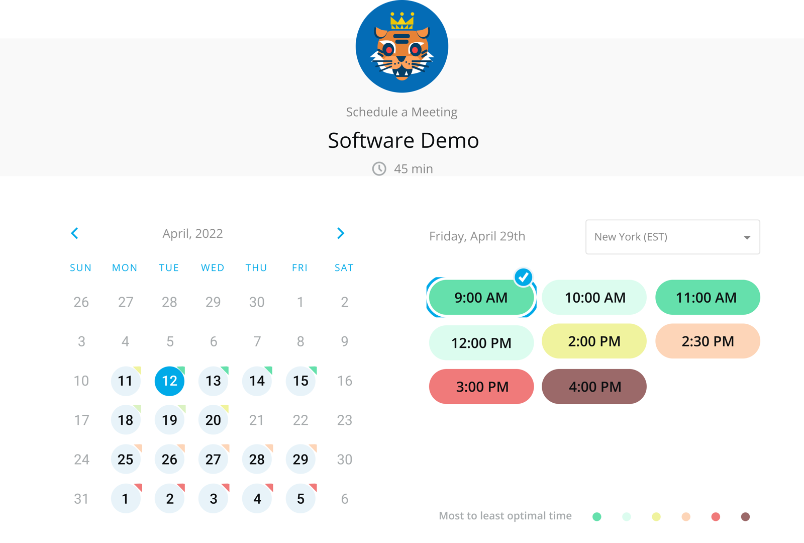 Coffee’s published scheduler interface showing a calendar and color-coded appointment options