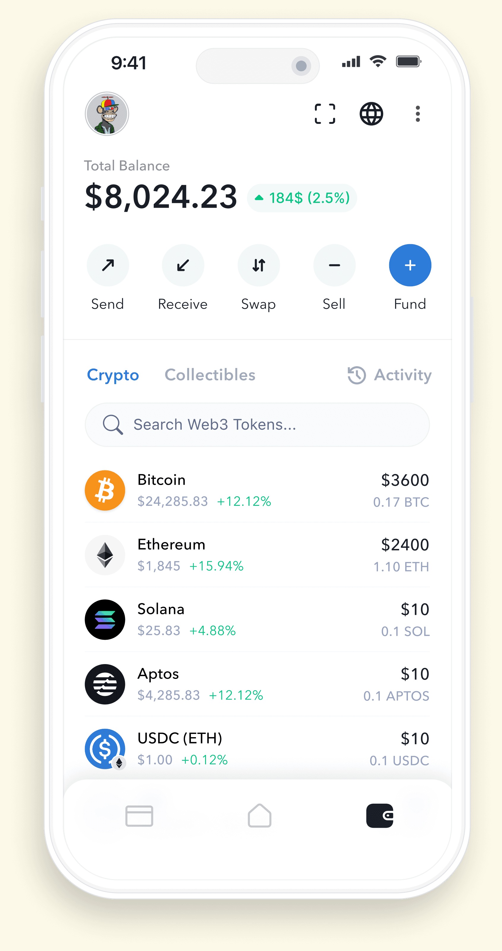 Cogni wallet app interface showing a balance and multiple crypto assets