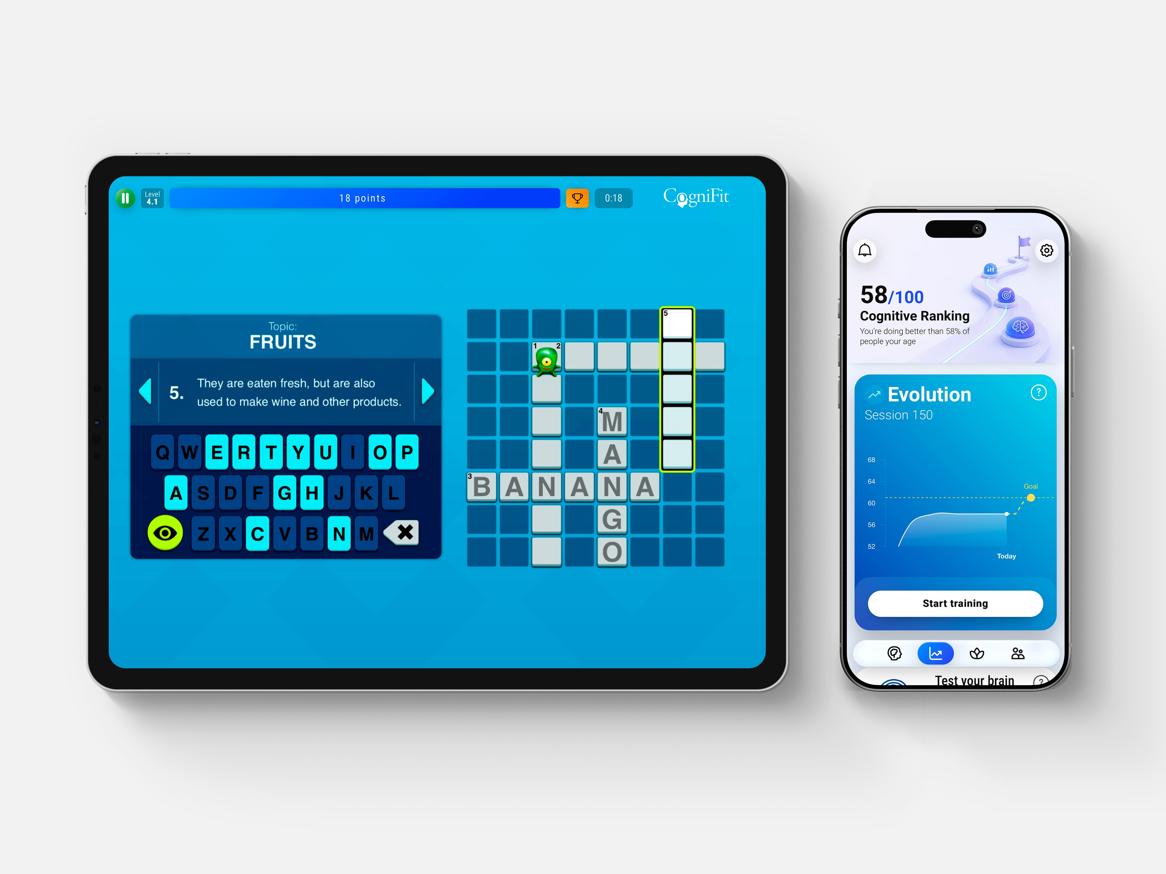 CogniFit product mockup showing a word game on a tablet beside a cognitive progress dashboard on a phone