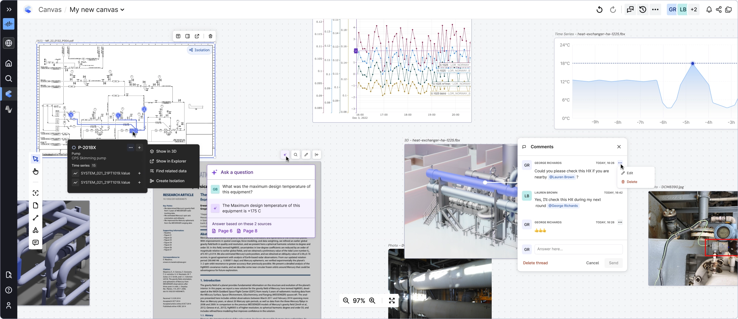 Industrial Canvas interface showing drawings, charts, 3D equipment, an AI response, and comments