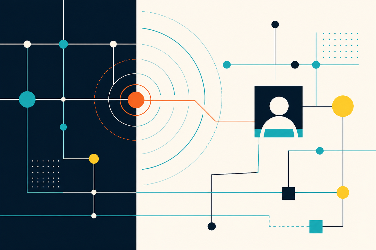Abstract network of geometric nodes, scanning arcs and a human oversight symbol
