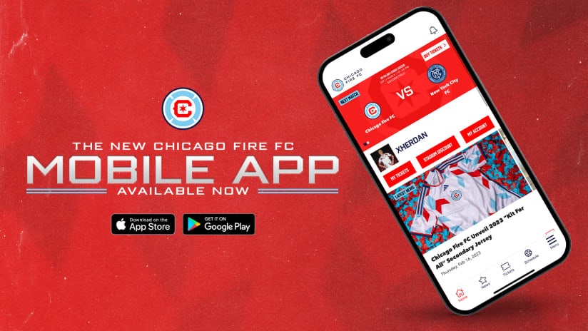 Chicago Fire FC launch graphic showing its 2023 mobile app on a phone