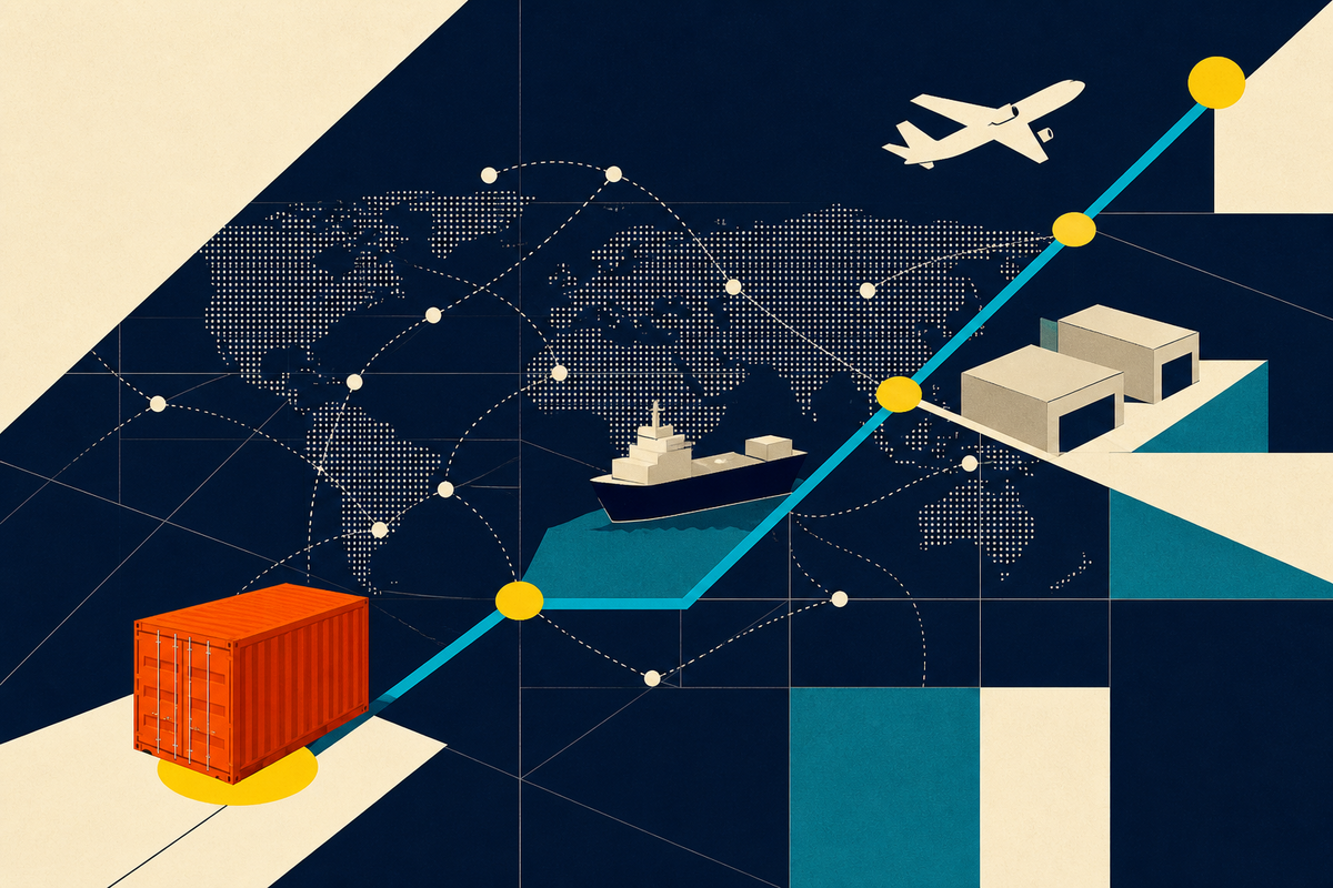Abstract Swiss-style map showing a container, ship, aircraft and warehouses connected by a single route