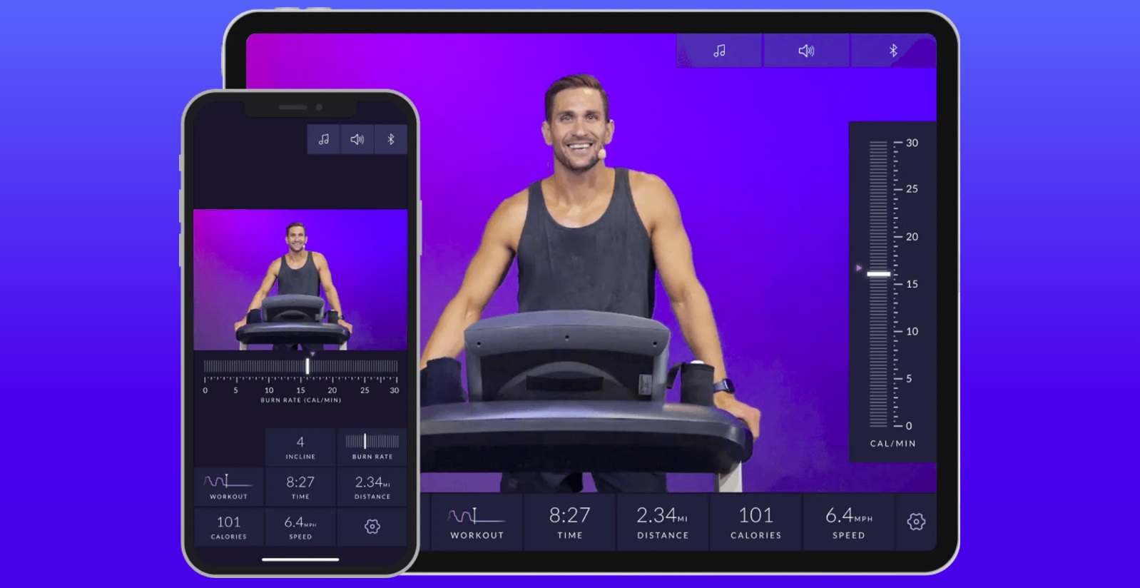 BowFlex workout interface shown on a phone and tablet, with workout metrics and a trainer