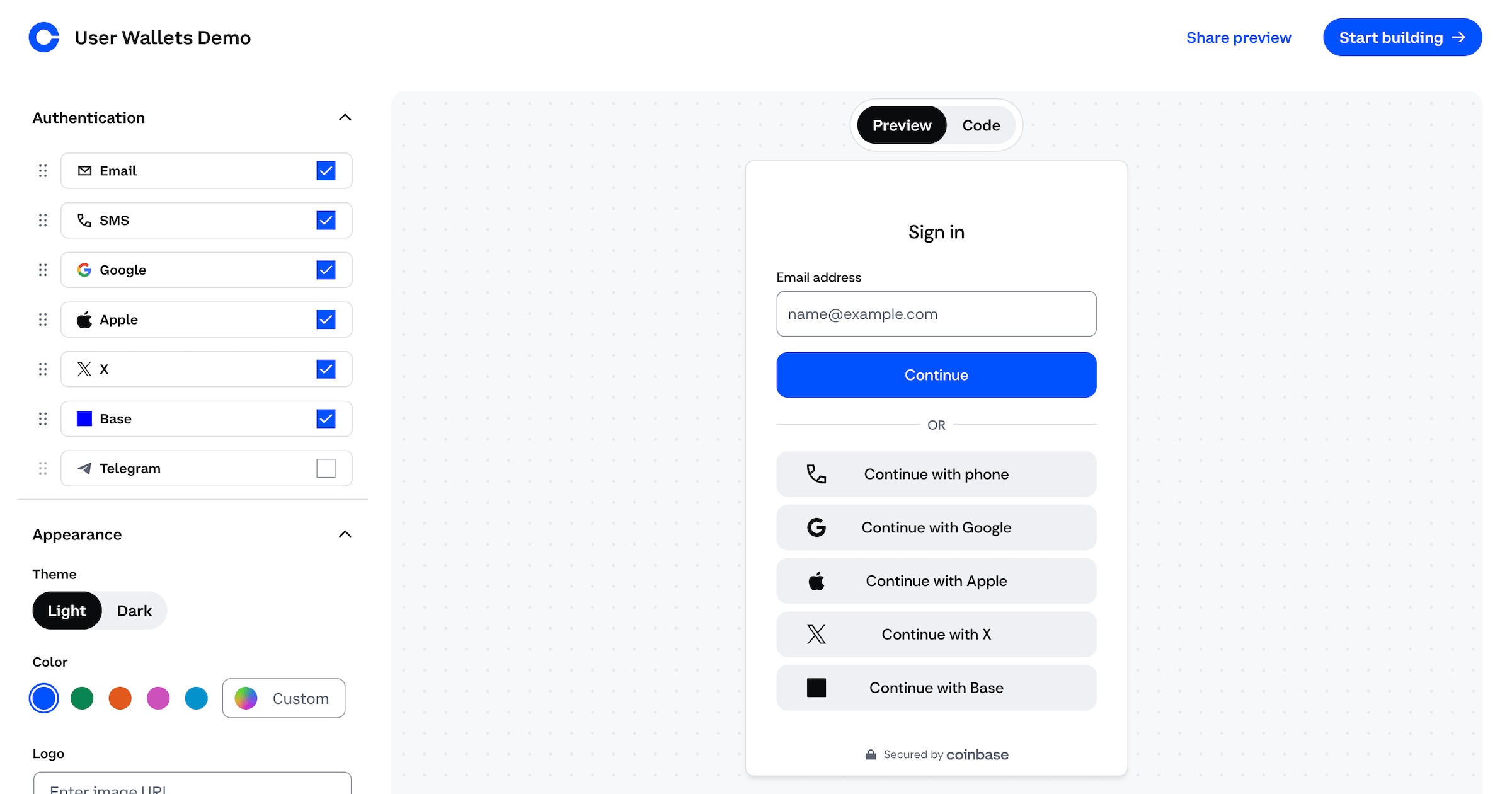 Coinbase user wallet demo showing authentication options and an email sign-in interface