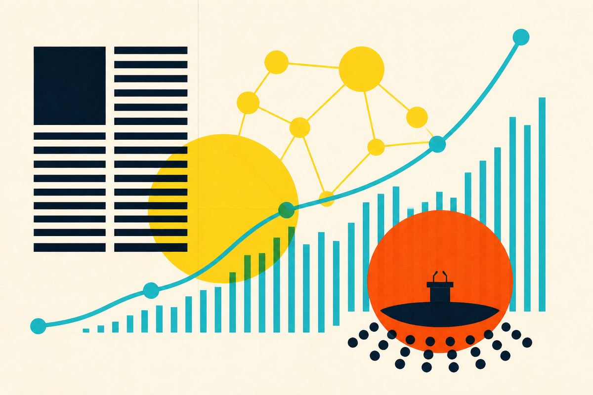 Abstract Swiss-style composition connecting a newsroom grid, data curve, blockchain nodes and conference stage