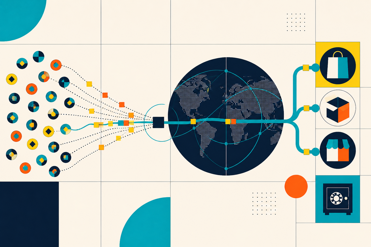 Abstract Swiss-style illustration of many digital payments moving through a global gateway to merchants