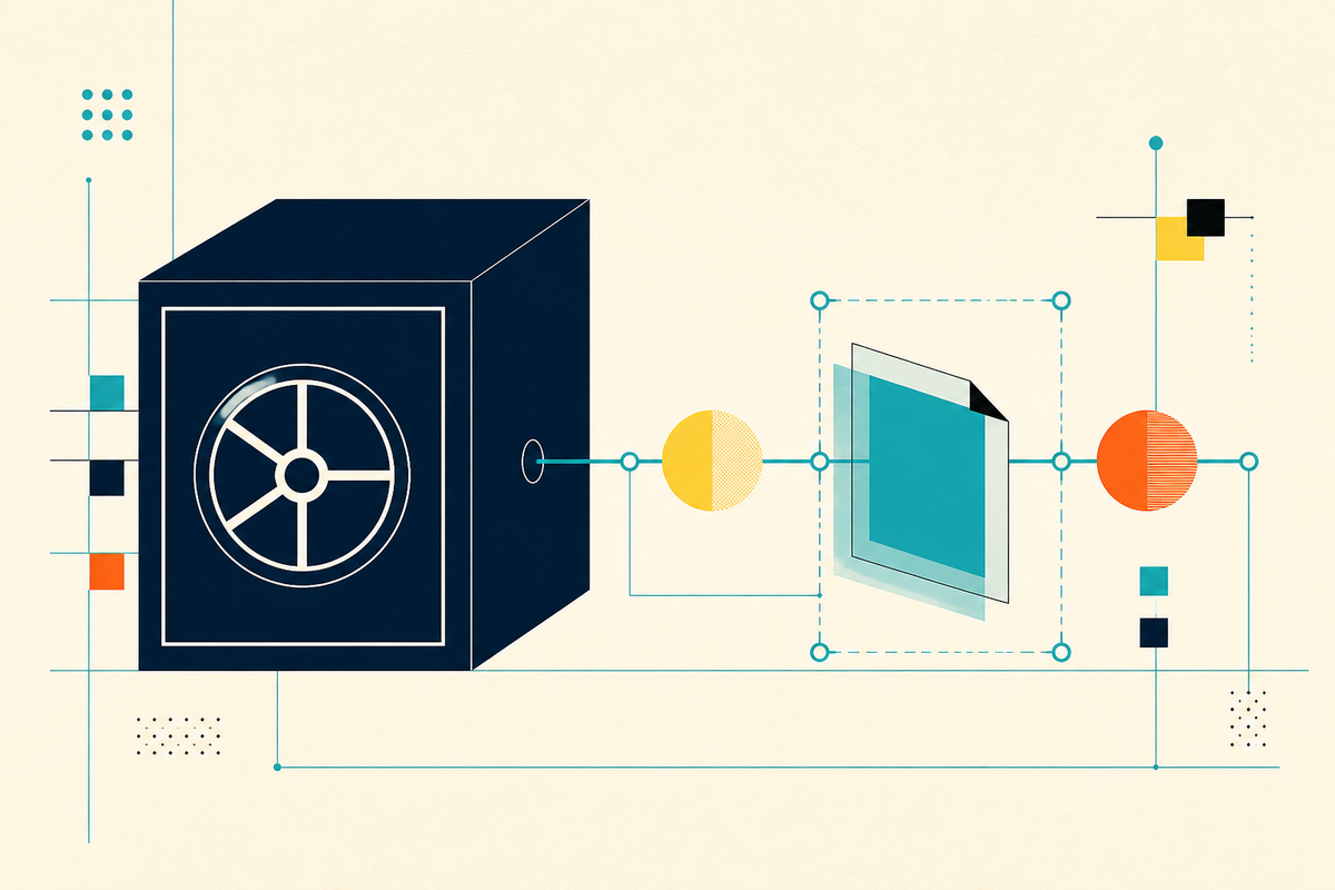 Abstract Swiss-style illustration of a navy vault connected to transparent financial layers and colored asset nodes