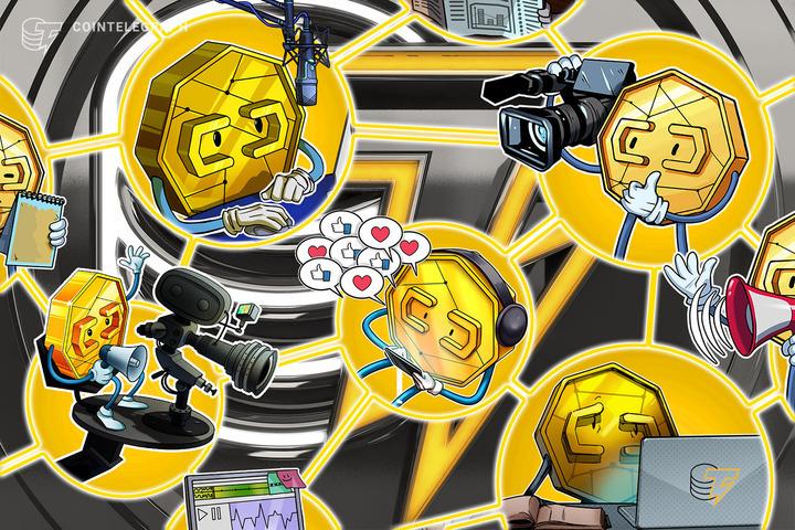 Cointelegraph illustration of coin characters reporting, filming and using computers