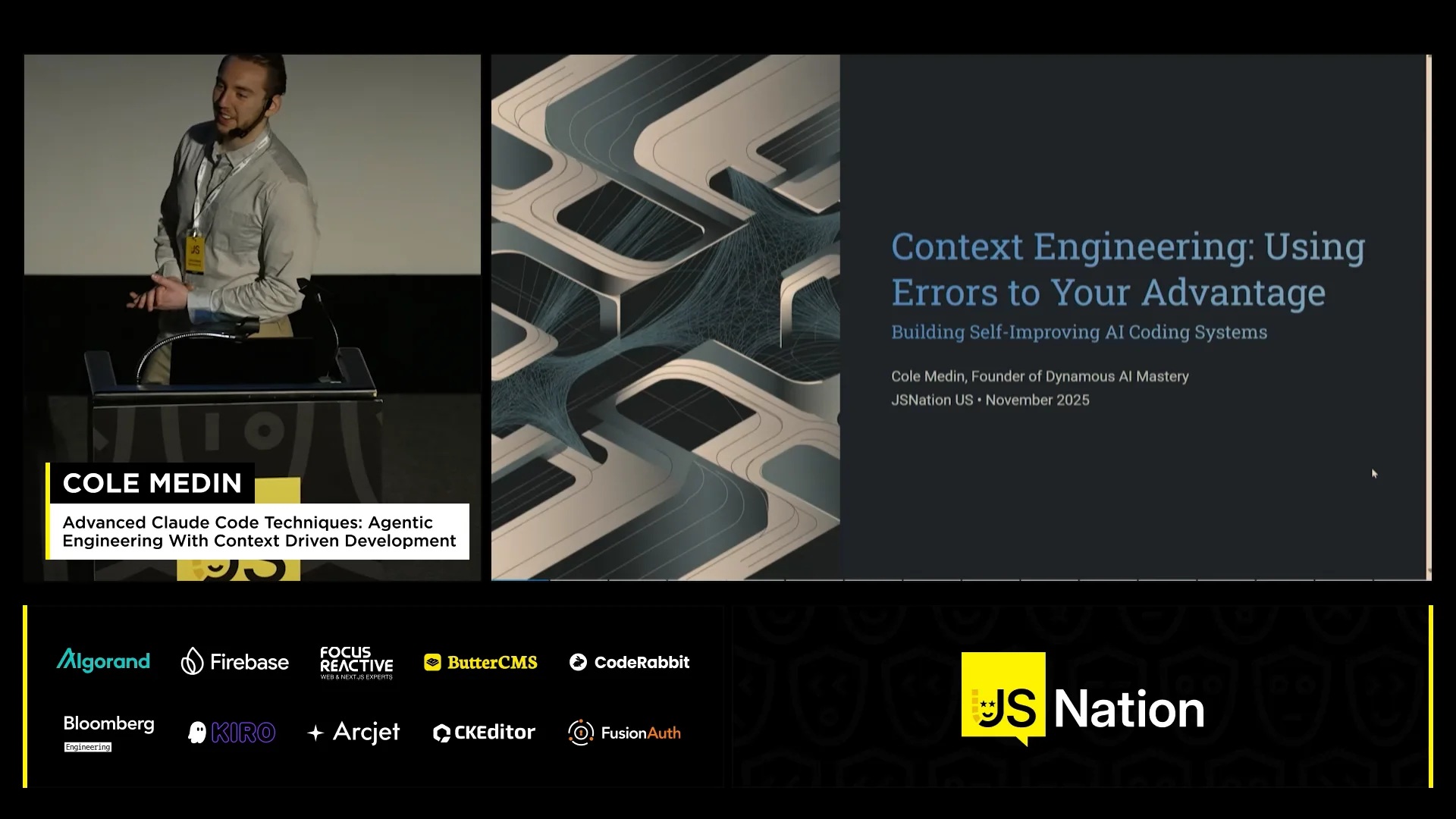 Cole Medin speaking at JSNation US beside a slide about context engineering