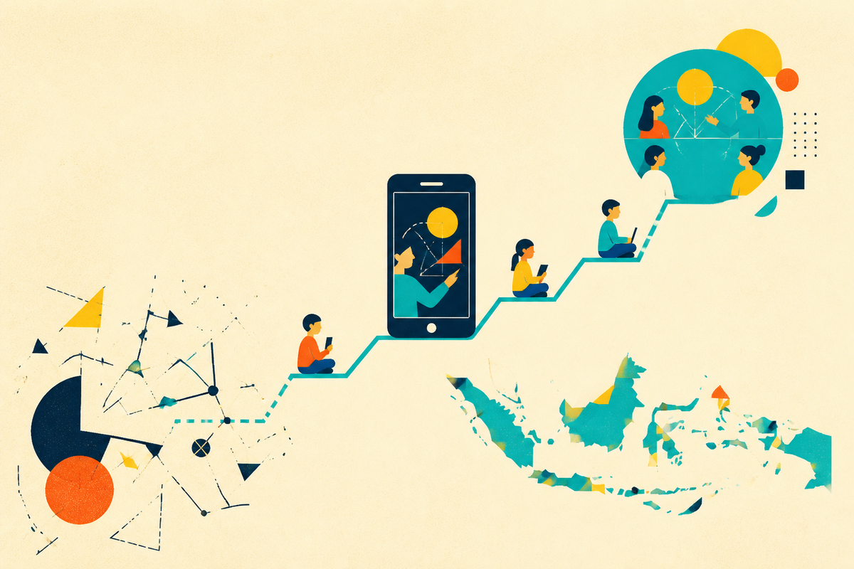 Abstract Swiss-style illustration of students moving from scattered math problems through a mobile lesson into a live class
