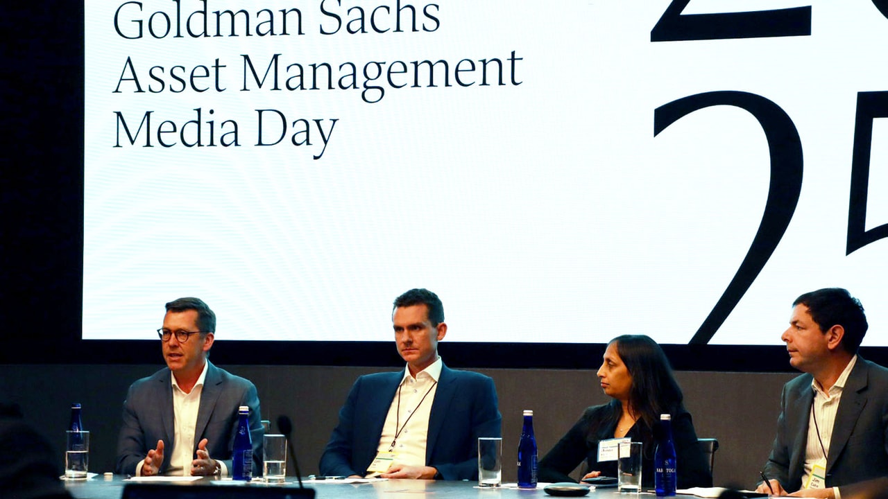 Colin Falls with Greg Weiss, Monali Vora and Jim Cahn at a Goldman Sachs Asset Management media event in New York
