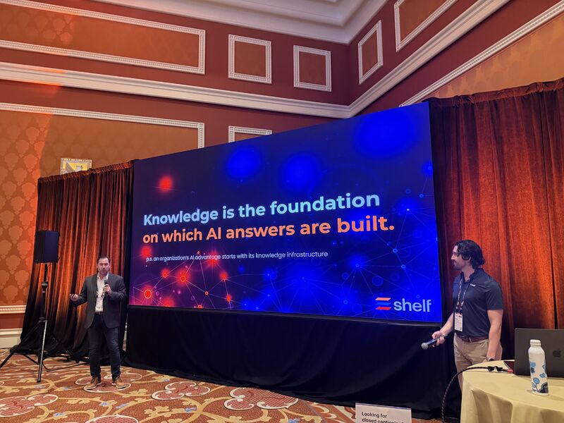 Colin Kennedy and Paul Chiappetta presenting Shelf's AI-ready knowledge thesis at Genesys Xperience in 2026