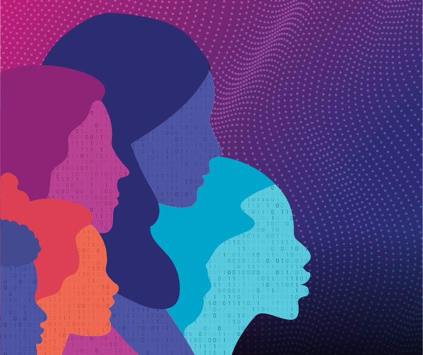 Girls Build Solutions visual identity artwork showing colorful silhouettes of young people