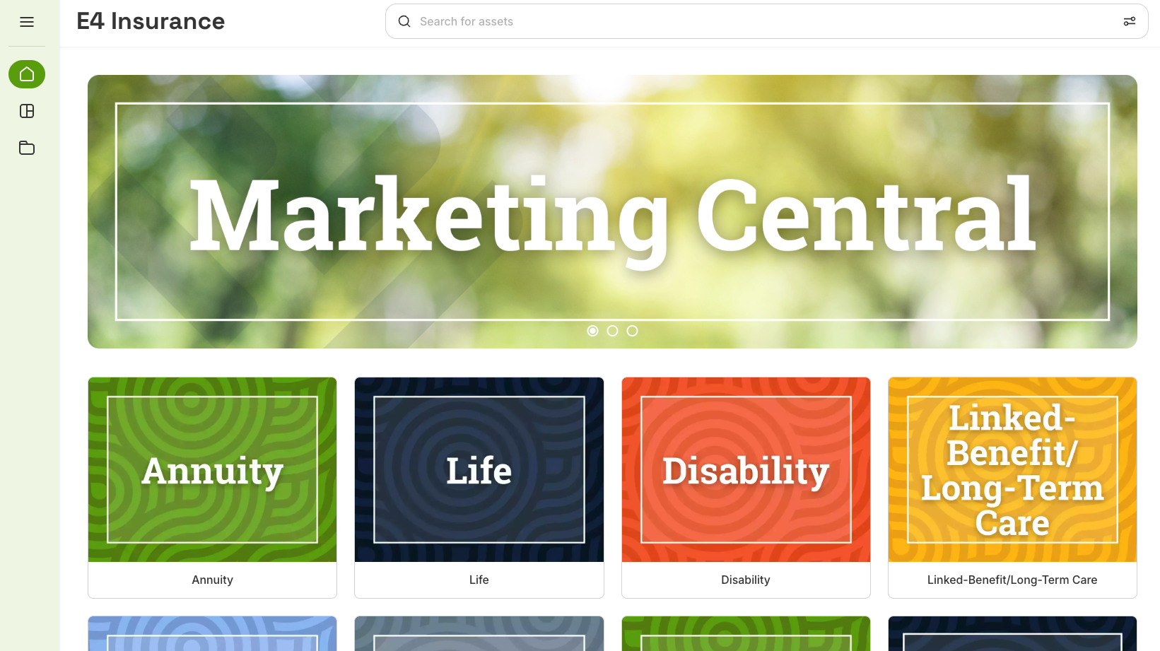 E4’s Collage brand portal with color-coded collections for insurance lines