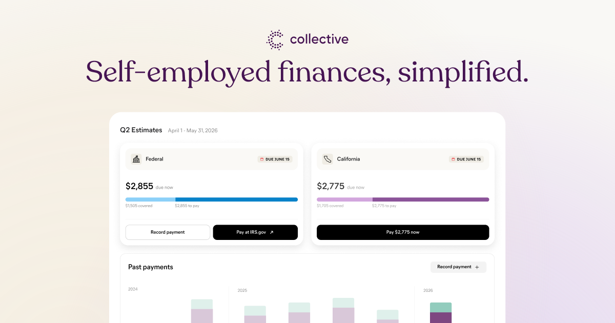 Collective marketing graphic showing a quarterly federal and California tax-estimate dashboard with illustrative amounts