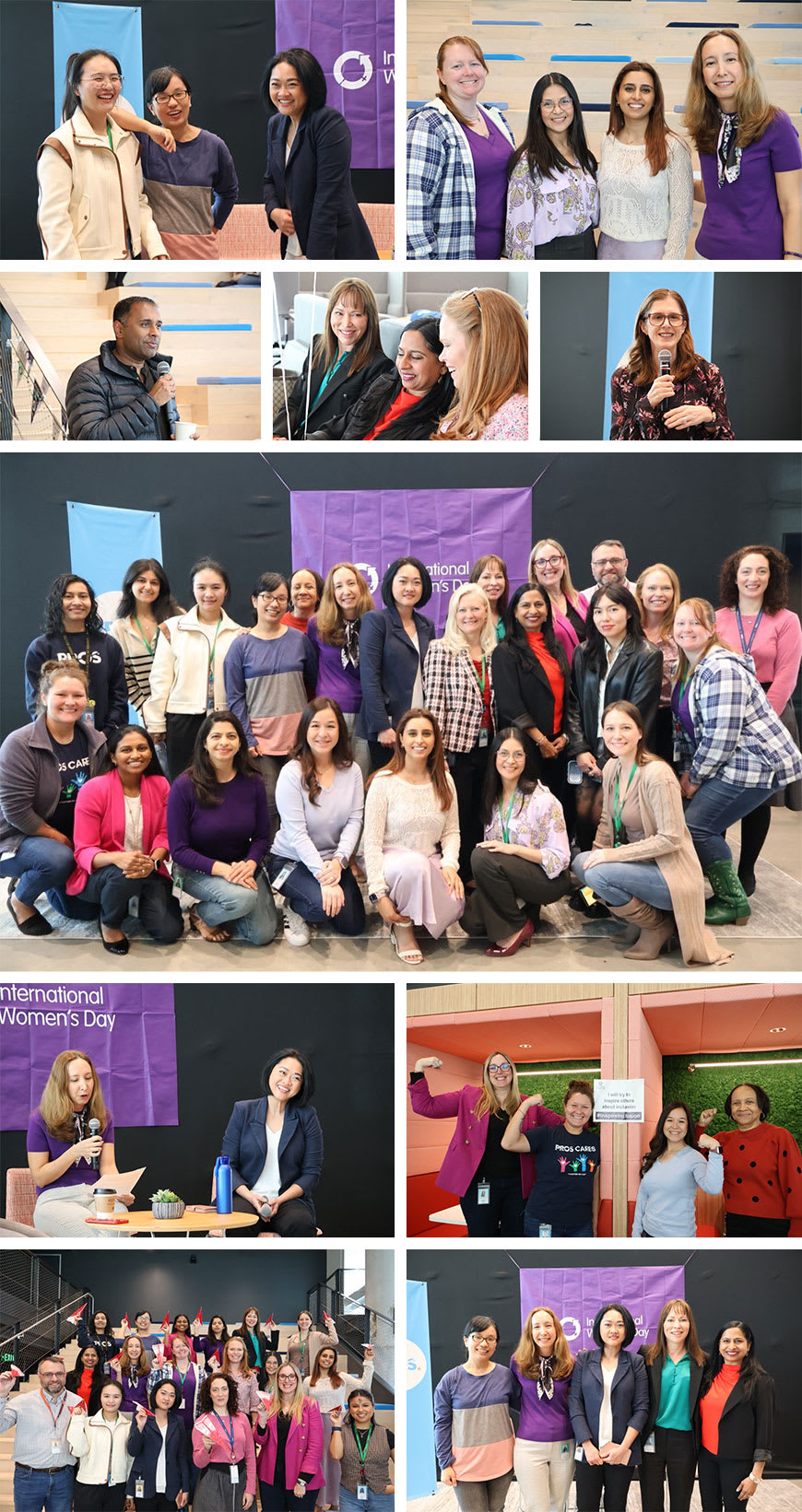 A collage from PROS' 2025 International Women's Day gathering, including a fireside conversation and group photographs