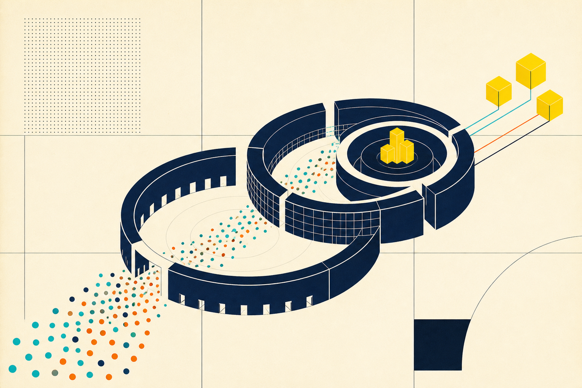 Abstract geometric arenas funnel many colored dots into a small set of funded blocks