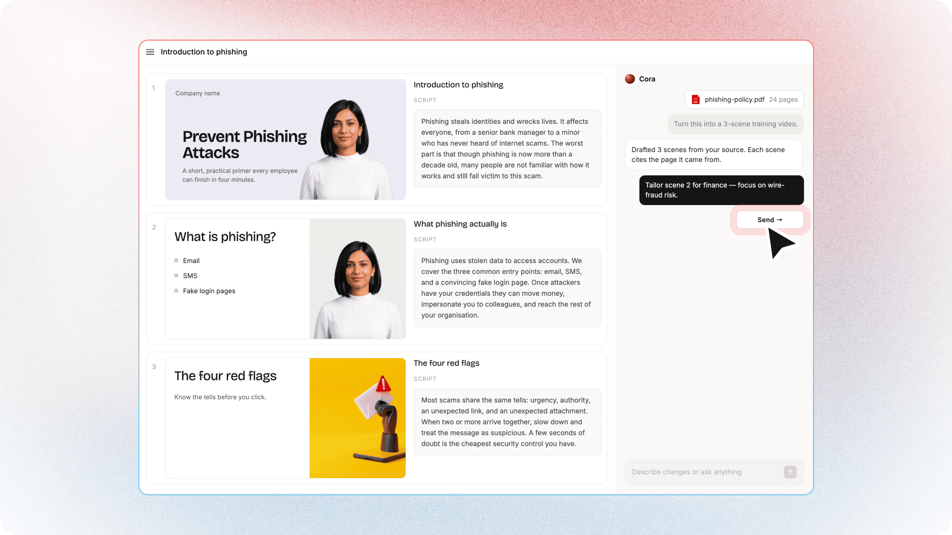 Cora video-plan interface showing editable scenes and scripts