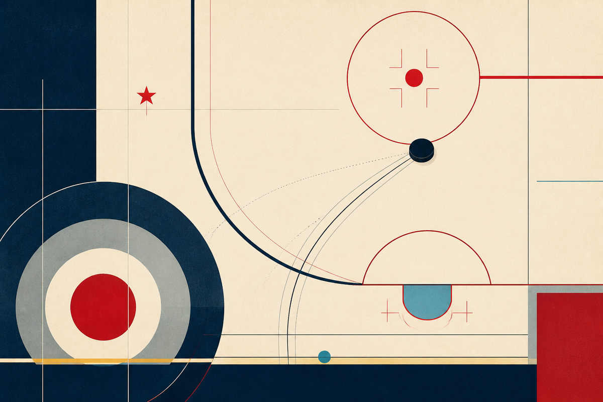 Abstract Swiss-style illustration of an ice rink, puck paths, circles and a red star