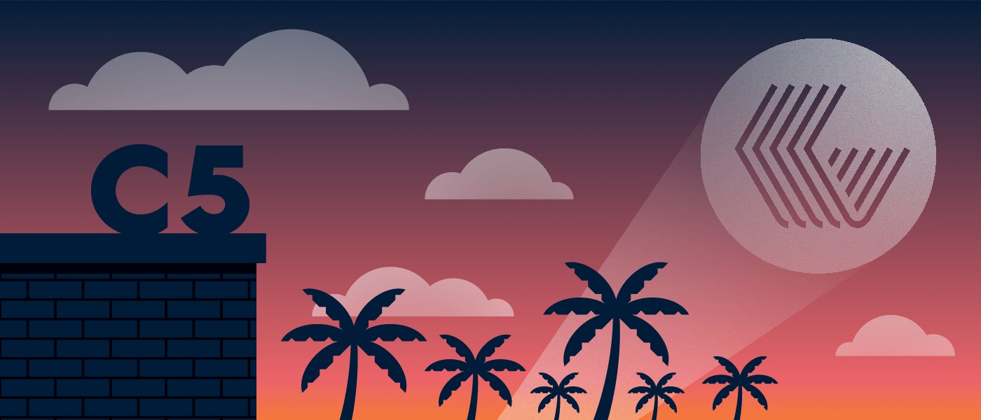 Column Five origin-story illustration showing the C5 mark beneath a California sunset