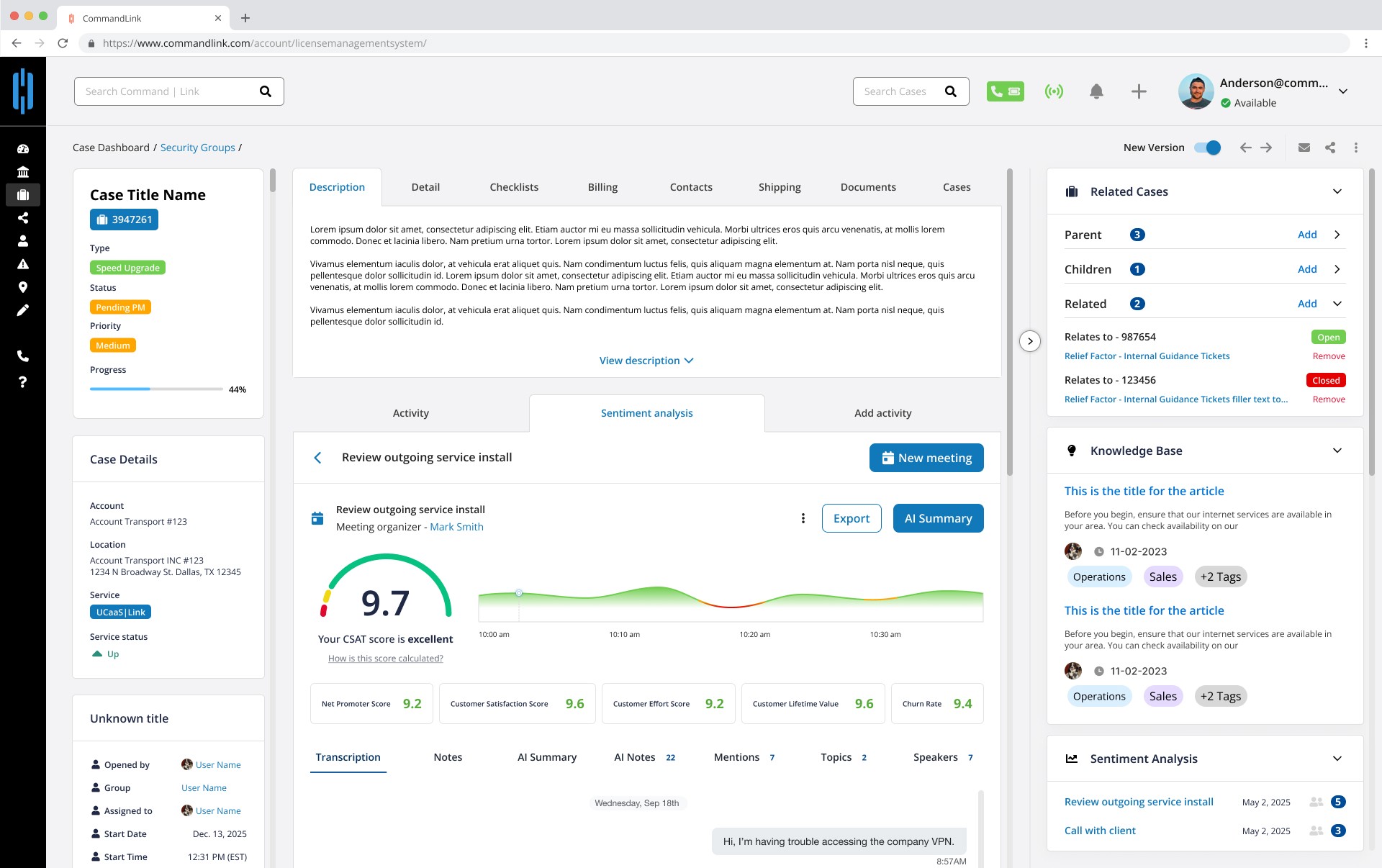 CommandLink’s illustrative ITSM interface showing case details, related cases and activity