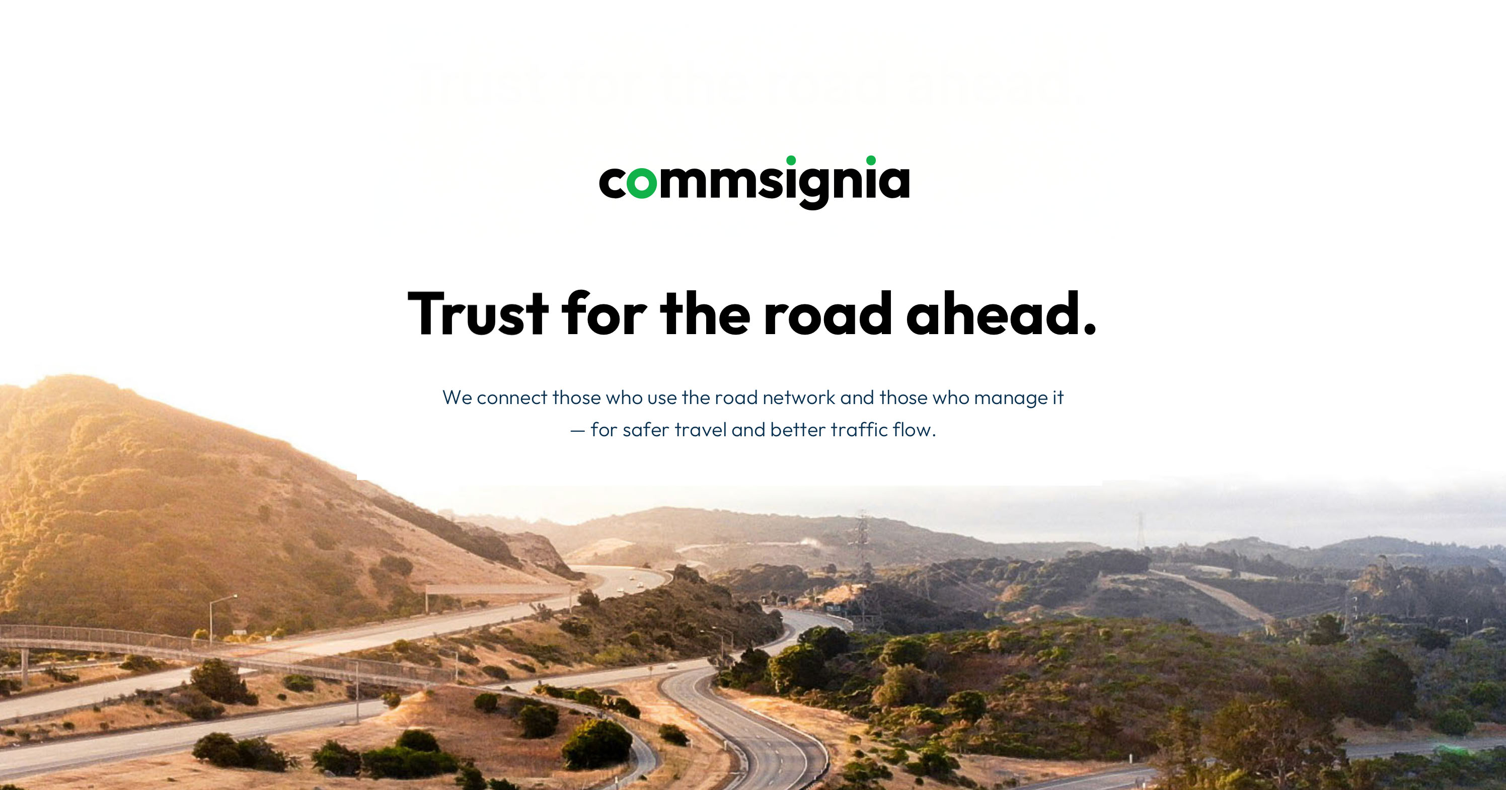 Commsignia brand image with the tagline Trust for the road ahead over an aerial view of a highway