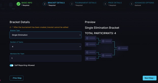 Community Gaming tournament builder showing bracket format, four participants and a single-elimination preview
