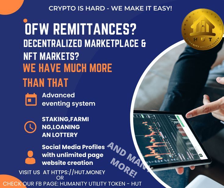 Historical HUT campaign graphic advertising remittances, marketplace activity, event tools, and social profiles beside a trading-screen photograph