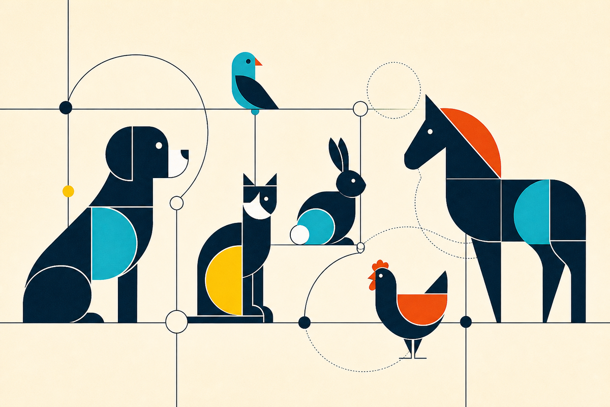 Abstract Swiss-style geometric composition of a dog, cat, rabbit, bird, chicken and horse connected on a grid