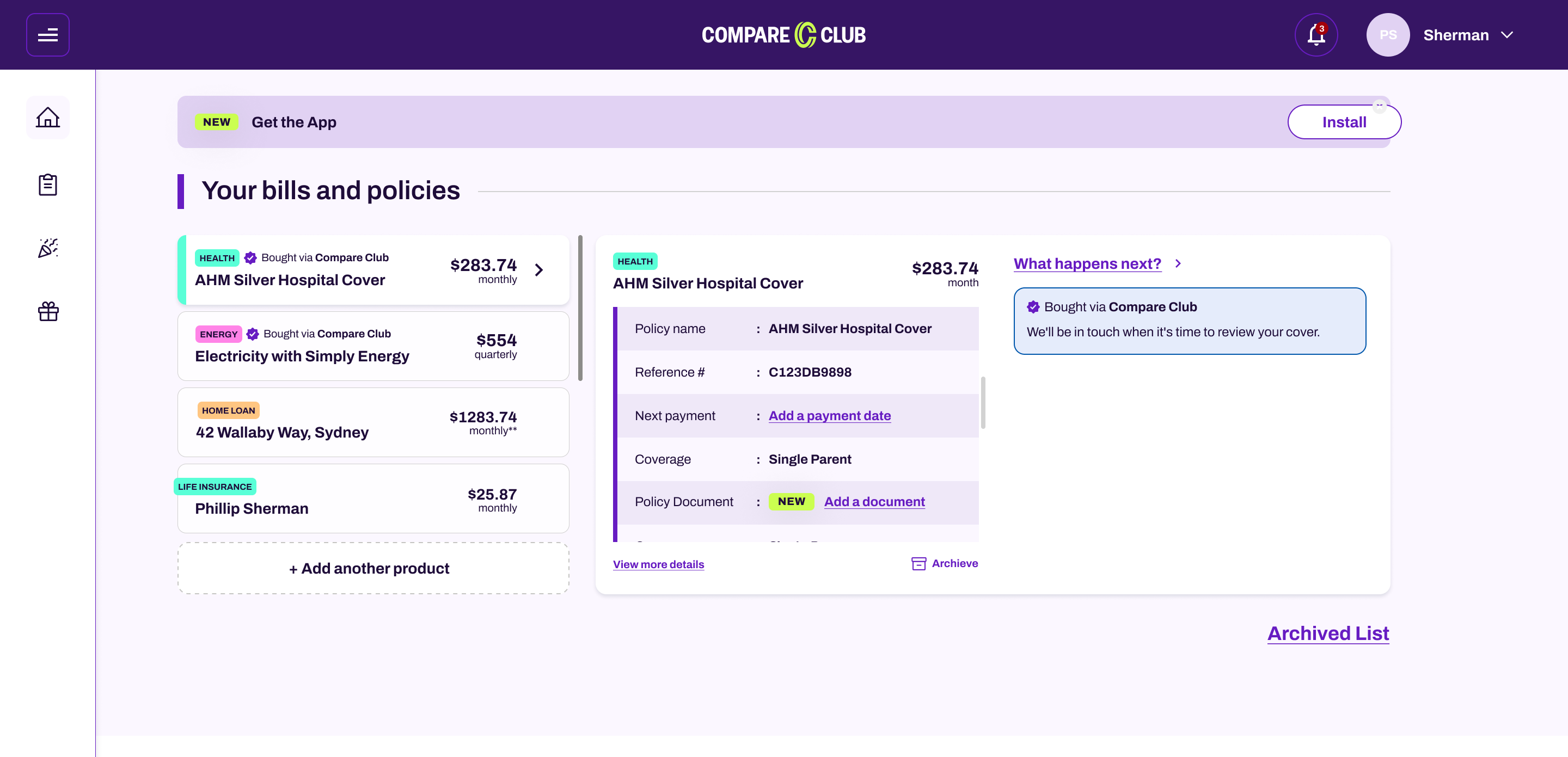 Official Club Plus sample dashboard grouping health insurance, energy, home loan and life insurance records