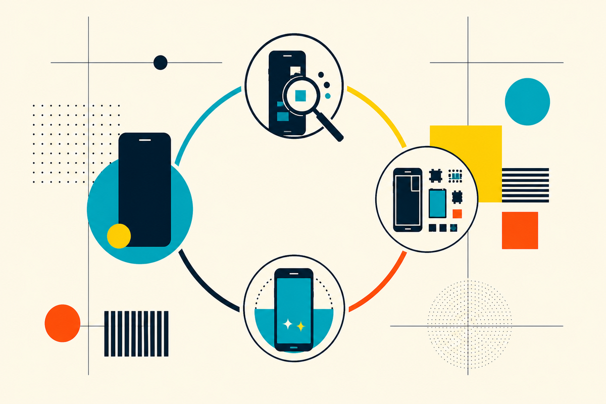 Abstract Swiss-style illustration of a smartphone moving through inspection, component renewal and recirculation