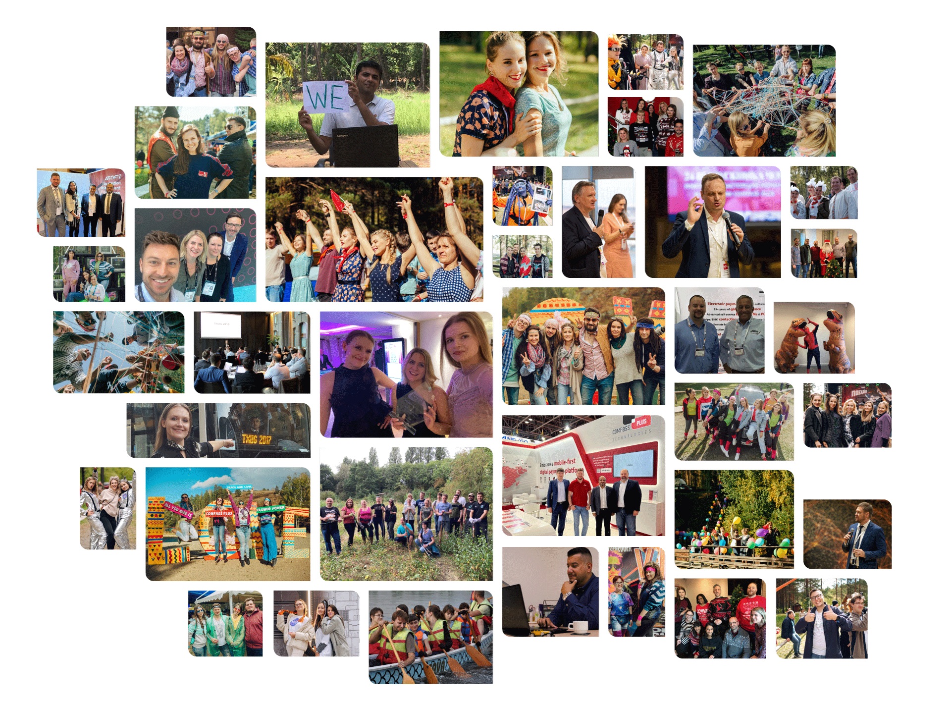 Company-published collage of Compass Plus Technologies staff activities, conferences and gatherings