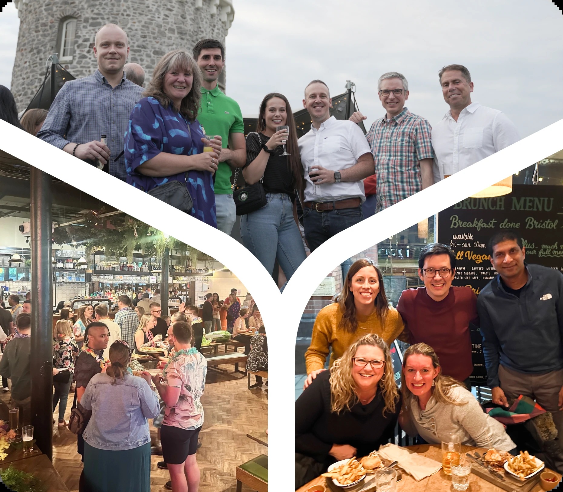 Comply365 team members pictured at social gatherings in a company careers collage