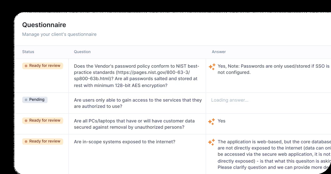 Complyance questionnaire interface showing questions, draft answers and Ready for review statuses