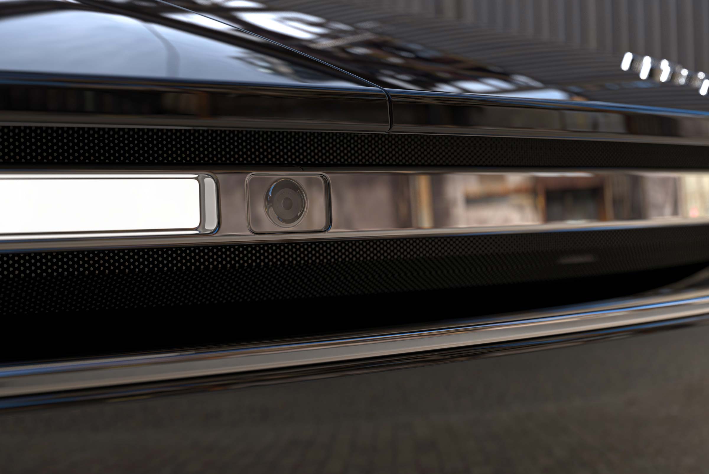 Compound Eye automotive camera illustration showing a small lens integrated into a vehicle grille
