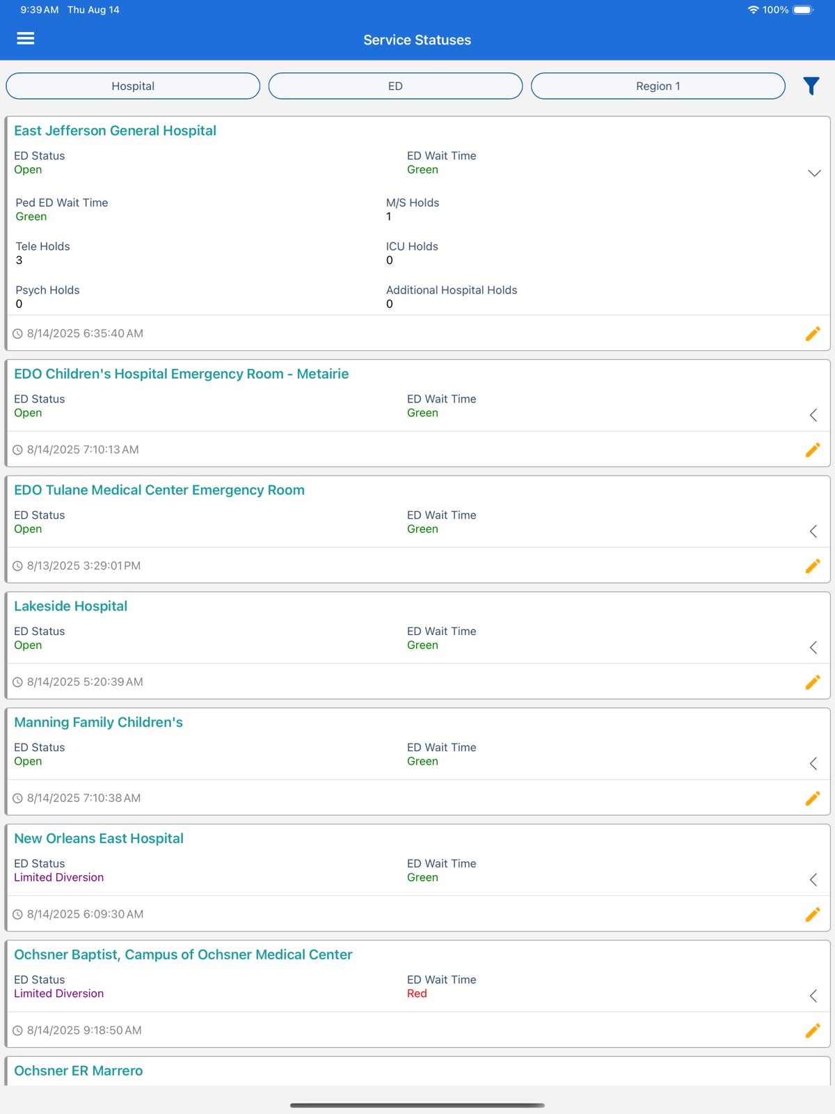 Official ESF8 Portal screenshot showing hospital service statuses and dated updates