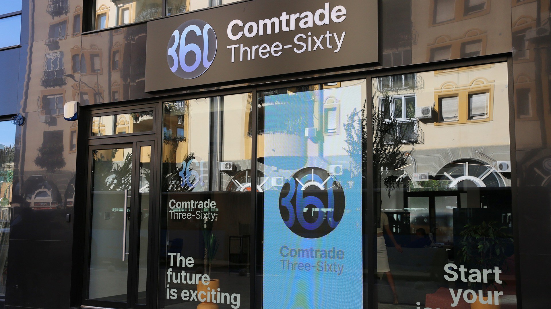 Comtrade Three-Sixty signage and glass entrance at its Novi Sad office
