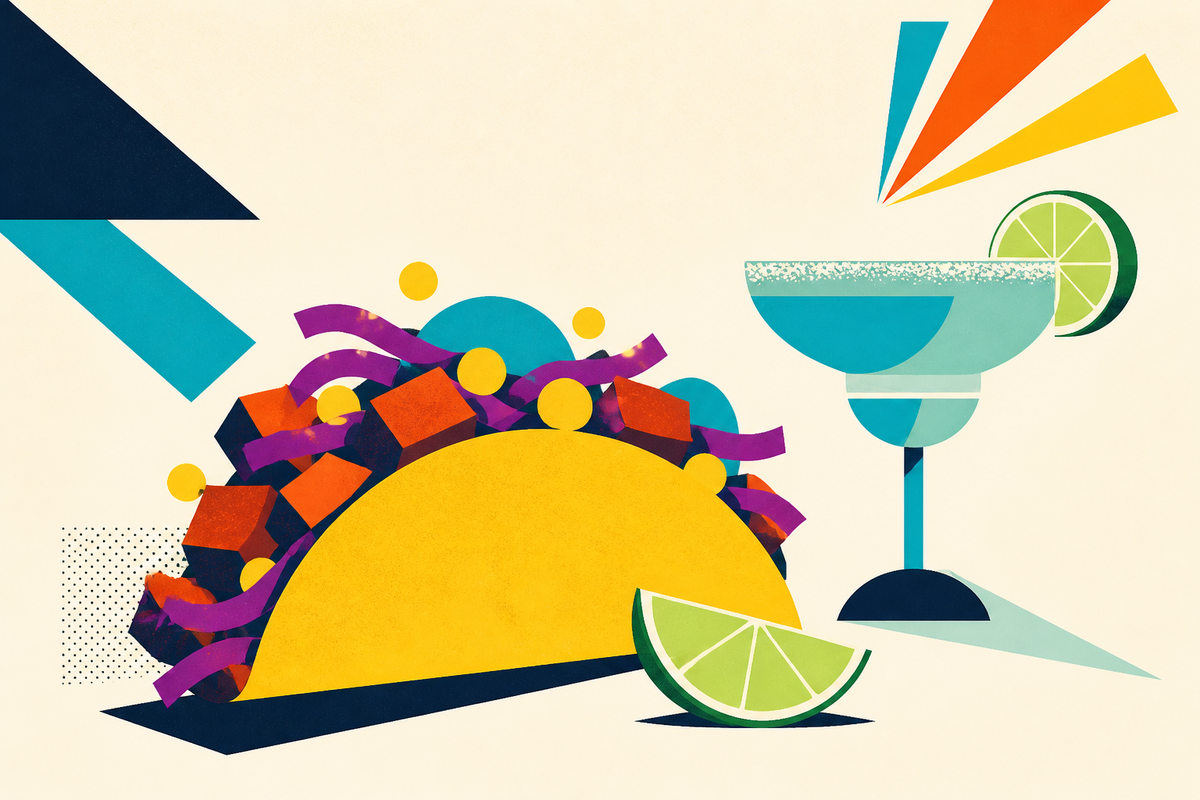 Abstract Swiss-style illustration of a deconstructed taco, lime and margarita glass
