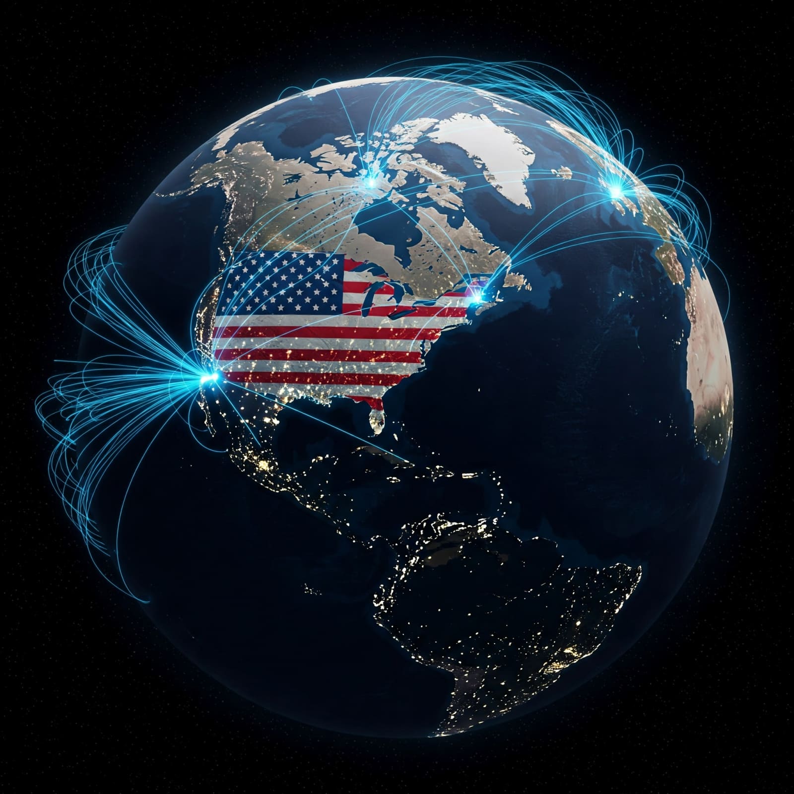 A globe centered on the United States with blue information routes spanning countries