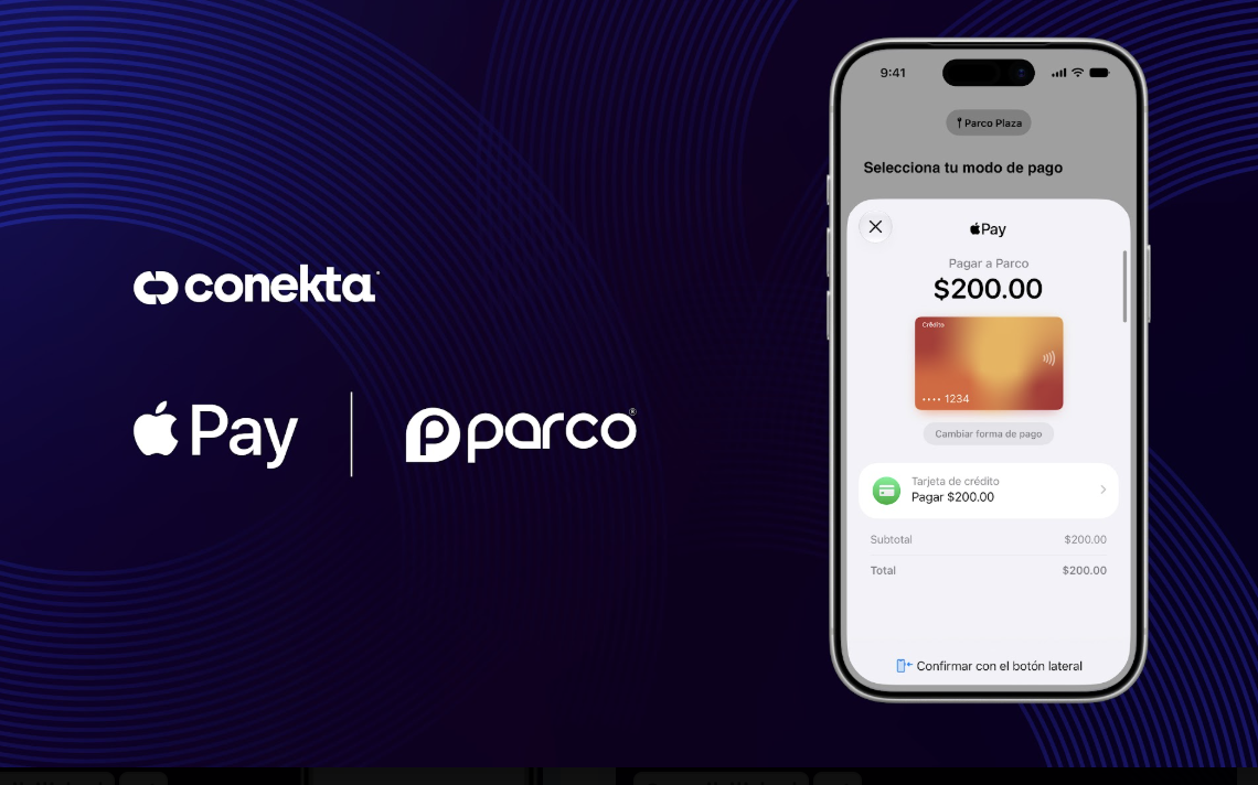 Conekta’s Parco and Apple Pay case-study graphic showing a mobile parking payment