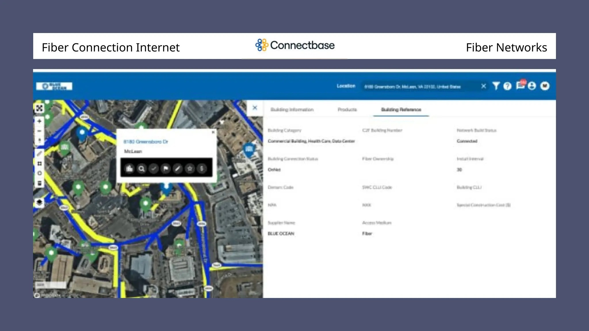 Connectbase network mapping interface showing a fiber route and building details