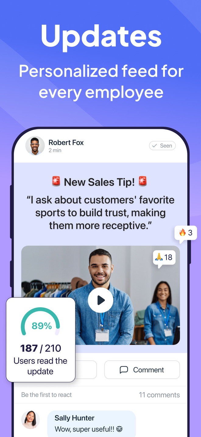 Connecteam mobile app showing an employee update feed with read and engagement statistics
