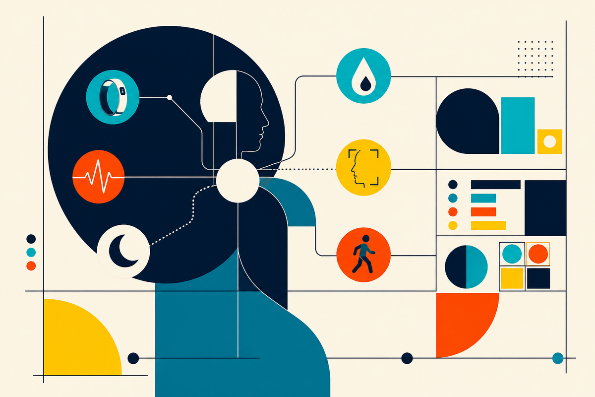 Abstract Swiss-style illustration of health signals flowing into one human profile